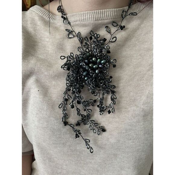 Handmade Black Beaded Necklace | Baroque Pearl Floral Bib | Gothic Wire Choker - Picture 1 of 5